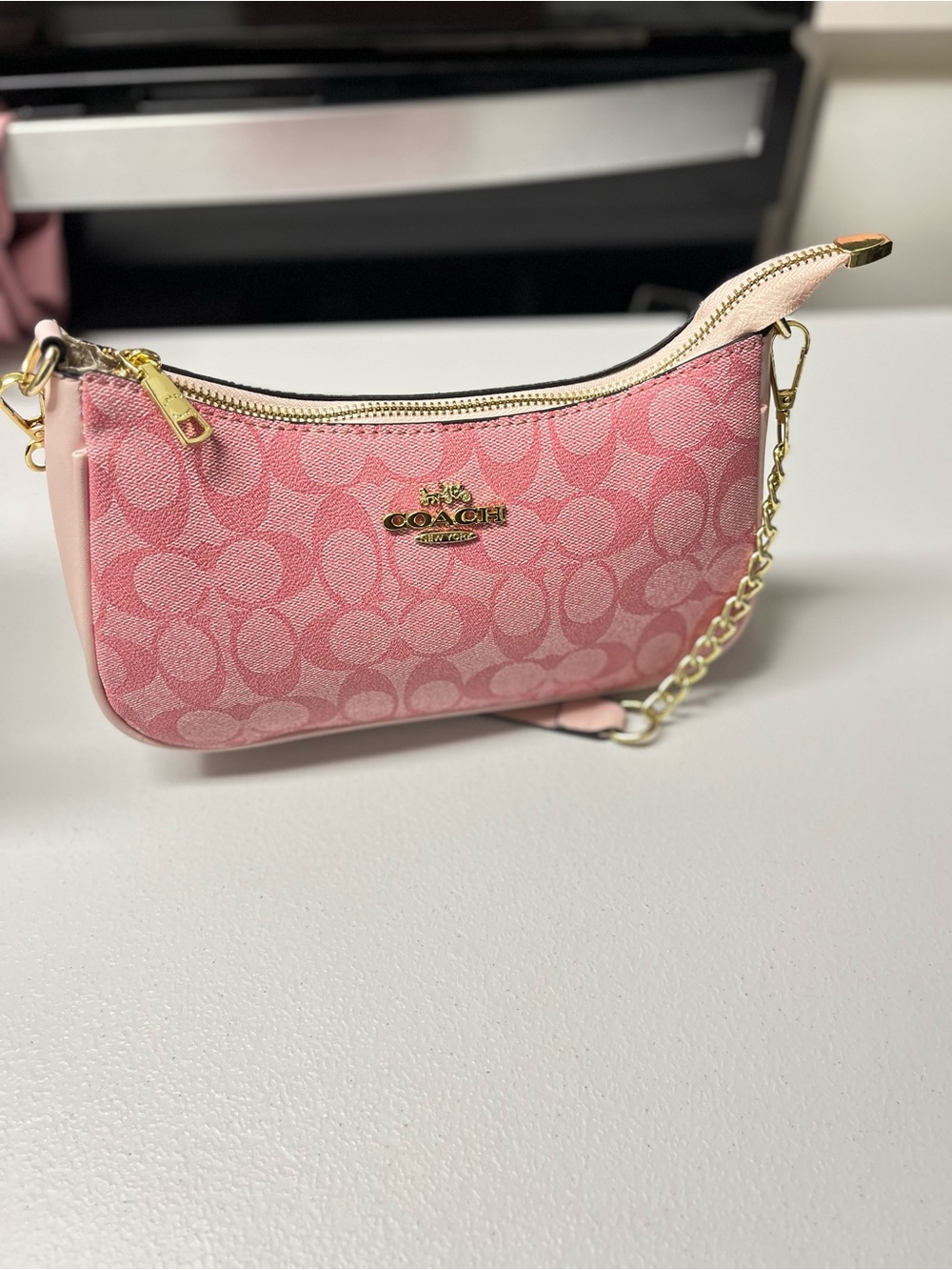Coach Pink Signature Canvas Mini Hobo with Gold Chain